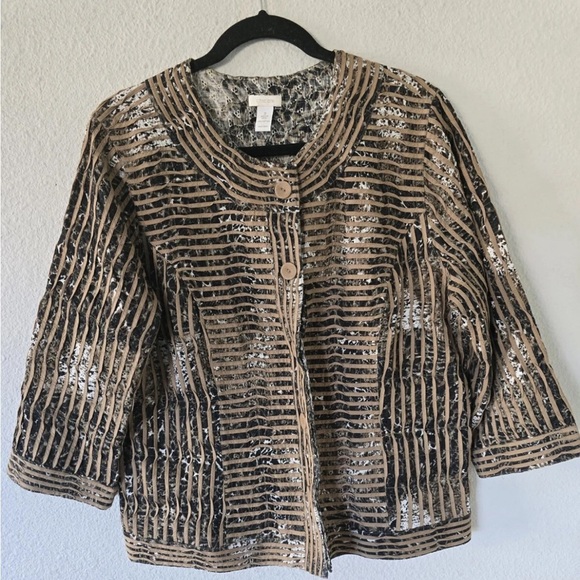 Art To Wear Chico's Jacket L Women Jungle Print Duble Button Bohomein Excellent - Picture 6 of 14
